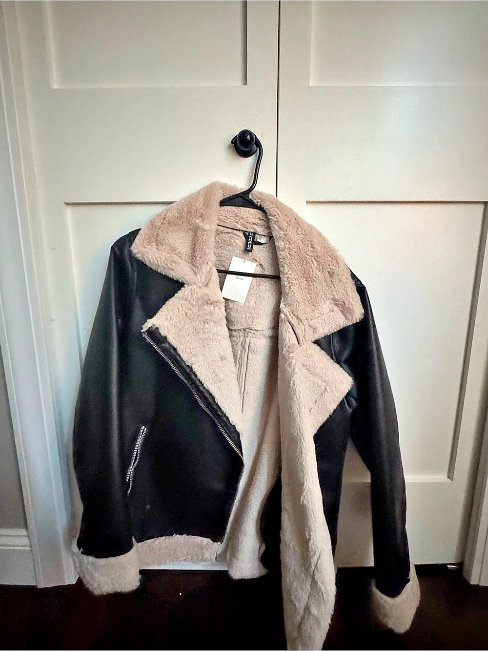 H&M Divided Faux Leather Shearling-Lined Oversized Jacket Black